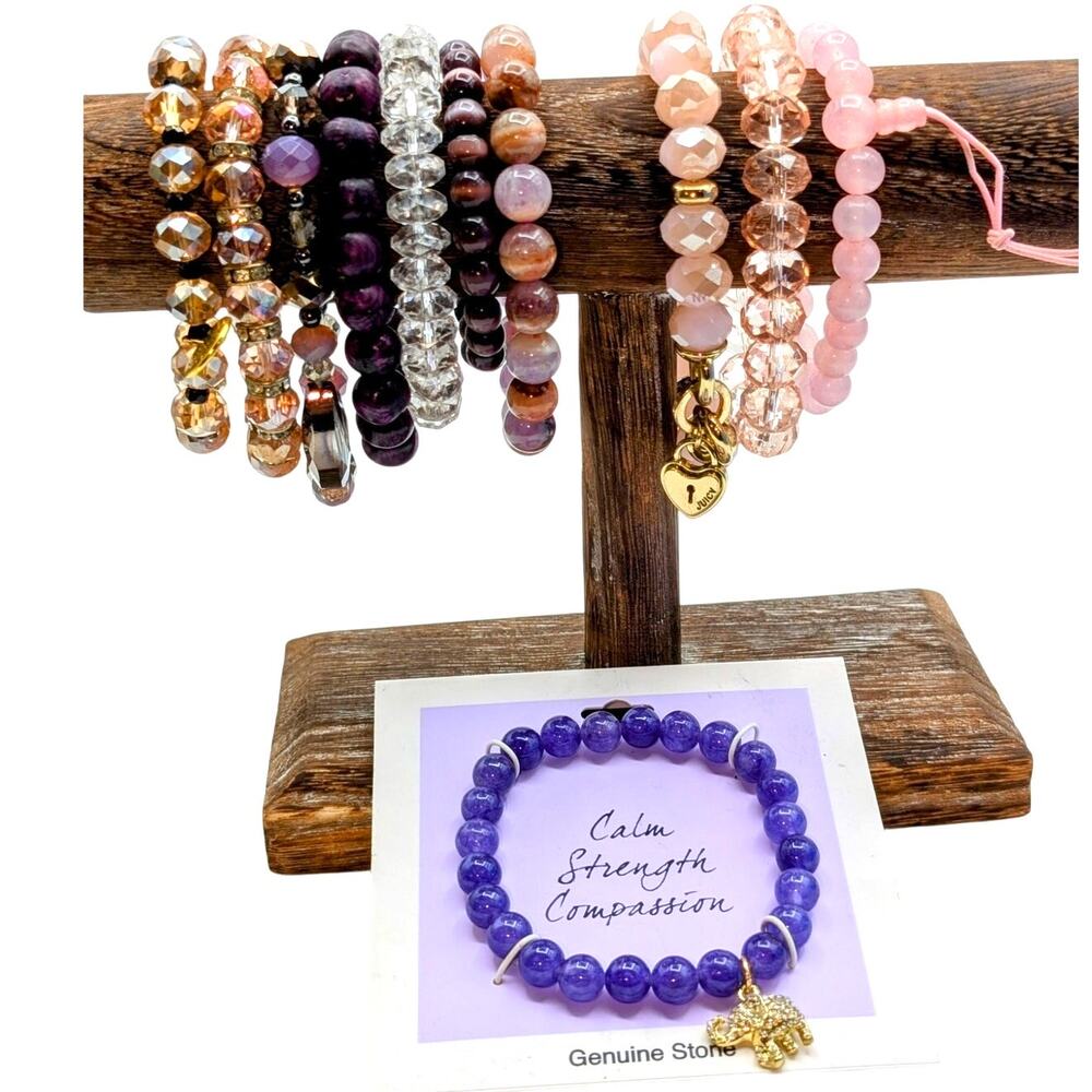 Lot of Eleven Pink Purple Crystal Stone Beaded Stretch Bracelets